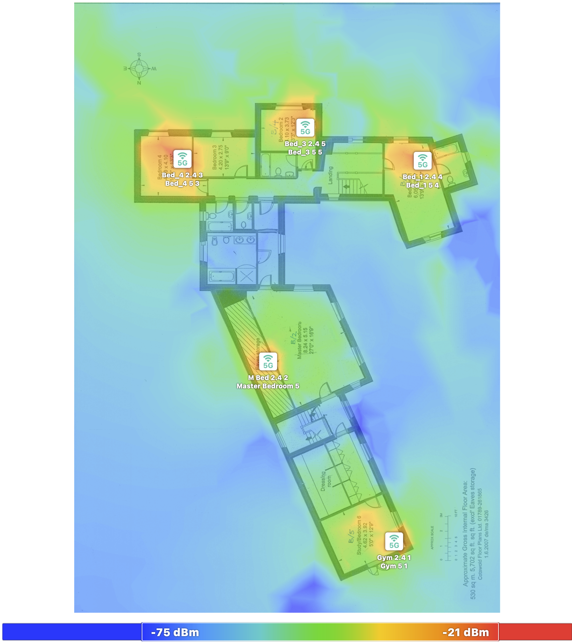 WiFi heatmap showing signal coverage across a property